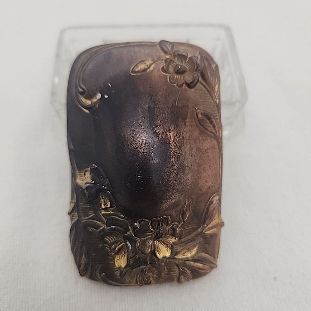 Trinket Box Glass w/ Repousse Brass Lid Art Nouveau Jewelry Coffin Antique 1900s